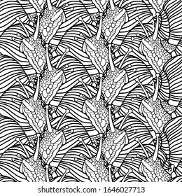 Vector illustration. Seamless background. Hand drawing snails. Isolated on white. Coloring page. Black line.