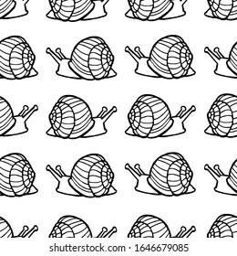 Vector illustration. Seamless background. Hand drawing snails. Isolated on white. Coloring page. Black line.