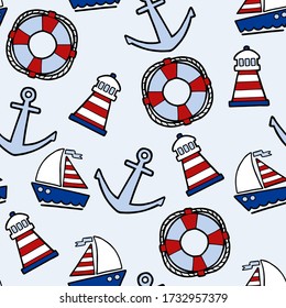 Vector illustration. Seamless background. Hand drawing marine icons. Cruise. Ocean Lighthouse, lifebuoy, anchor, yacht. Isolated on blue. Black line. Red and blue color.