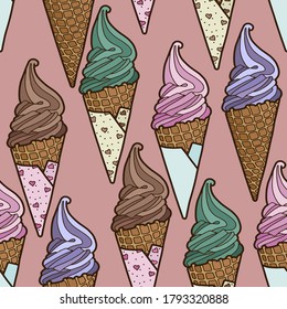 Vector illustration. Seamless background. Hand drawing ice cream. Colored ice cream in a waffle cone. For wallpaper, textures, fabric, wrapping paper and web. Cute cartoon illustrations.