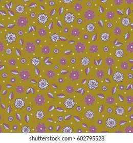 Vector illustration. Seamless background with hand drawn flowers and plants on a green backdrop. Seamless pattern of stylized little flowers.