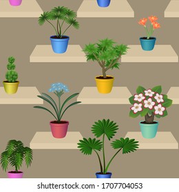 Vector illustration seamless background home plants and flowers on shelves
