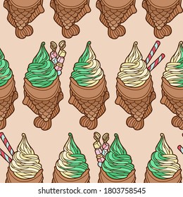 Vector illustration. Seamless background. Ice cream isolated on light green. Multi-colored ice cream taiyaki. Cute flat illustration in cartoon style for product design. Japanese street food.