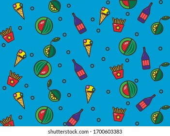 Vector illustration of a seamless background with the image of watermelon, lime, juice, french fries and ice cream.