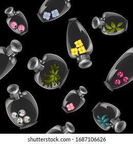 Vector illustration seamless background leaves, flowers and berries in glass bottles ingredients