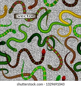 Vector illustration of a seamless background of many snakes covering the stone floor creeping reptiles of different shapes and colors serpentarium terrible floors, wrap design for Halloween