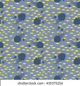 Vector illustration Seamless background of marine collection. Silhouettes of sea residents mammals swimming in thedoodle style. Use in design for greeting cards, textile design and web pages.