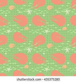 Vector illustration Seamless background of marine collection. Silhouettes of sea residents mammals swimming in the doodle style. Use in design for greeting cards, textile design and web pages.