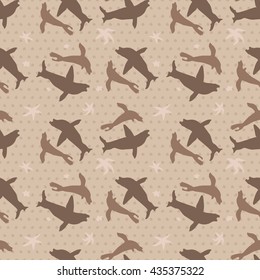 Vector illustration Seamless background of marine. Silhouettes of sea residents mammals swimming in the doodle style. Use in design for greeting cards, textile design and web pages.