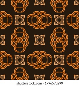 Ilustración vectorial de un fondo sin fisuras de la impresión de estilo medieval sobre la tela marrón, negro y naranja