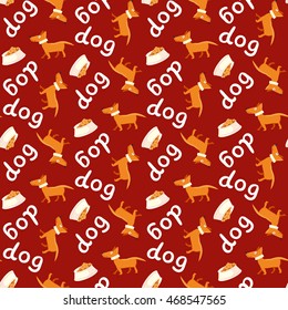 Vector illustration seamless background on red. Happy dog with food.