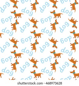 Vector illustration seamless background on white. Happy dog.