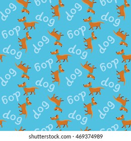 Vector illustration seamless background on blue. Happy dog.