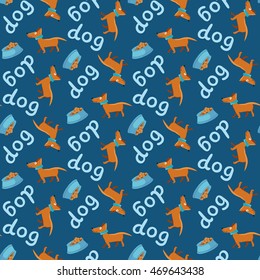 Vector illustration seamless background on blue. Happy dog.