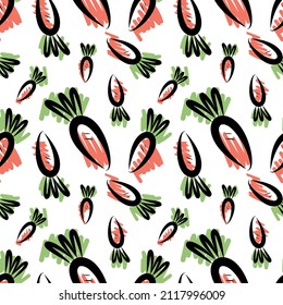 Vector illustration of seamless background of orange and green carrots on beige surface