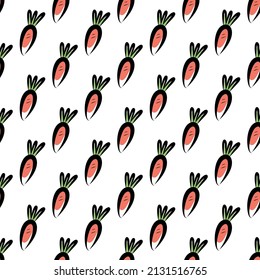 Vector illustration of seamless background of orange and green carrots on beige surface