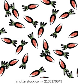 Vector illustration of seamless background of orange and green carrots on beige surface