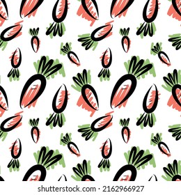 Vector illustration of seamless background of orange and green carrots on beige surface