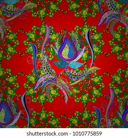 Vector illustration. Seamless background. Seamless pattern with colorful paisley, red, green and yellow flowers and decorative elements. Vintage retro style. For print on fabric, textiles, wallpaper.