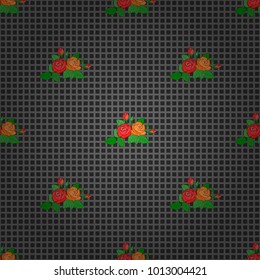 Vector illustration. Seamless background pattern with decorative rose flowers and green leaves in orange and gray colors.