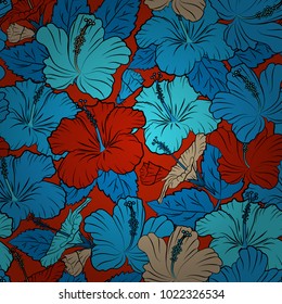 Vector illustration. Seamless background pattern with decorative hibiscus flowers and leaves in black, blue and red colors.