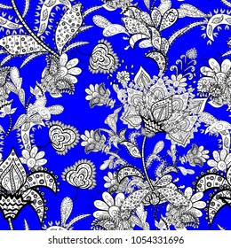 Vector illustration. Seamless background pattern. Watercolor, hand drawn. Wild flowers with leaves on white, blue and black colors.