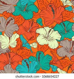 Vector illustration. Seamless background pattern with decorative hibiscus flowers and leaves in green, orange and beige colors.