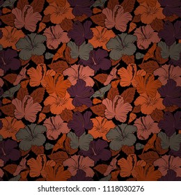 Vector illustration. Seamless background pattern with decorative hibiscus flowers and leaves in black, brown and orange colors.