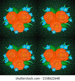 Vector illustration. Seamless background pattern with decorative rose flowers and green leaves in orange, green and blue colors.