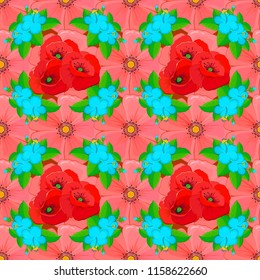 Vector illustration. Seamless background pattern with decorative poppy flowers and leaves in red, pink and green colors.