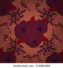 Vector illustration. Seamless background pattern with decorative rose flowers and green leaves in pink, red and purple colors.