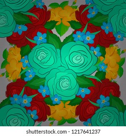 Vector illustration. Seamless background pattern. Hand drawn elements. Roses in red, green and blue colors.