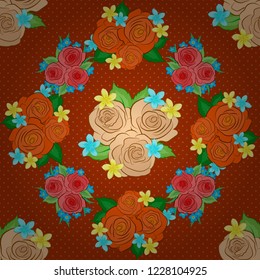 Vector illustration. Seamless background pattern with decorative rose flowers and green leaves in green, orange and beige colors.