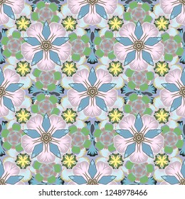 Vector illustration. Seamless background pattern with tropical flowers and leaves in gray, green and blue colors.