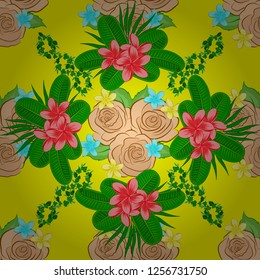 Vector illustration. Seamless background pattern with decorative rose flowers and green leaves in yellow, green and beige colors.