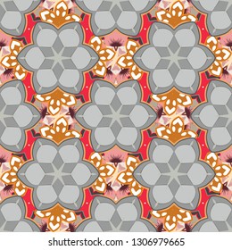 Vector illustration. Seamless background pattern with tropical flowers and leaves in orange, gray and pink colors.