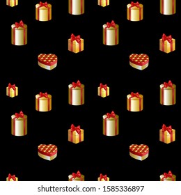 Vector illustration of a seamless background pattern of gold gift box with a surprise for the holiday