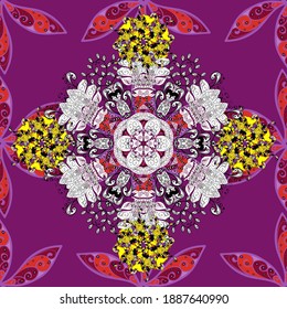 Vector illustration. Seamless background pattern. Watercolor, hand drawn. Wild flowers with leaves on violet, white and purple colors.