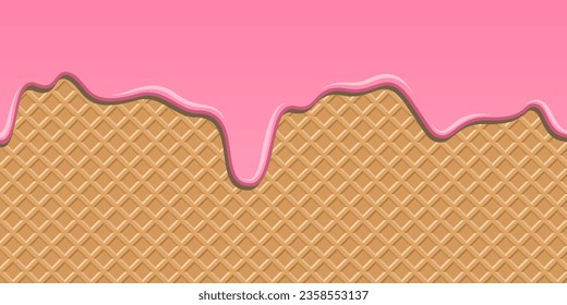 Vector illustration Seamless background pattern texture wafer waffle. Ice cream cone vector texture with strawberry cream melted