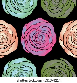 Vector illustration. Seamless background pattern. Roses neutral, pink and green on a black. Hand drawn elements.