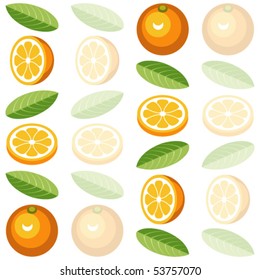 Vector illustration of seamless background pattern with oranges, orange slices and leaves with slices