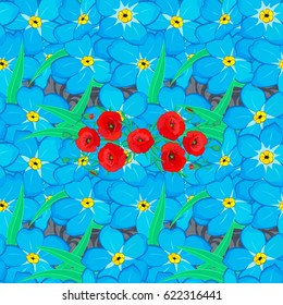 Vector illustration. Seamless background pattern with decorative forget-me-not flowers and leaves on a gray background.