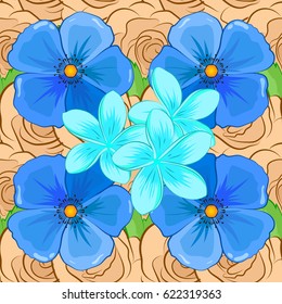Vector illustration. Seamless background pattern with decorative plumeria flowers and leaves on a white background.