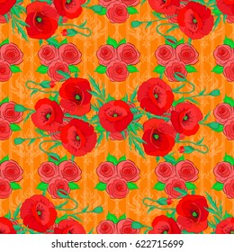 Vector illustration. Seamless background pattern with decorative poppy flowers and leaves on a orange background.