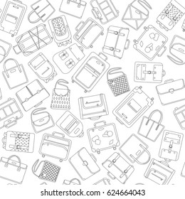 Vector illustration seamless background pattern big set of bags. Luggage, women's bags, briefcases and backpacks icon. Coloring book