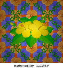 Vector illustration. Seamless background pattern with decorative hibiscus flowers and leaves on a orange background.