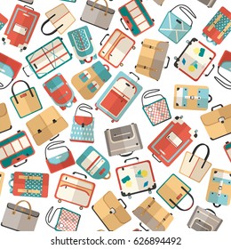 Vector illustration seamless background pattern big set of bags. Luggage, women's bags, briefcases and backpacks vector