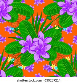 Vector illustration. Seamless background pattern with decorative plumeria flowers and leaves on a orange background.