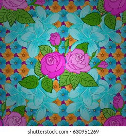 Vector illustration. Seamless background pattern with decorative rose flowers and green leaves on a purple background.