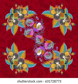 Vector illustration. Seamless background pattern with tropical flowers and leaves in blue and green colors.